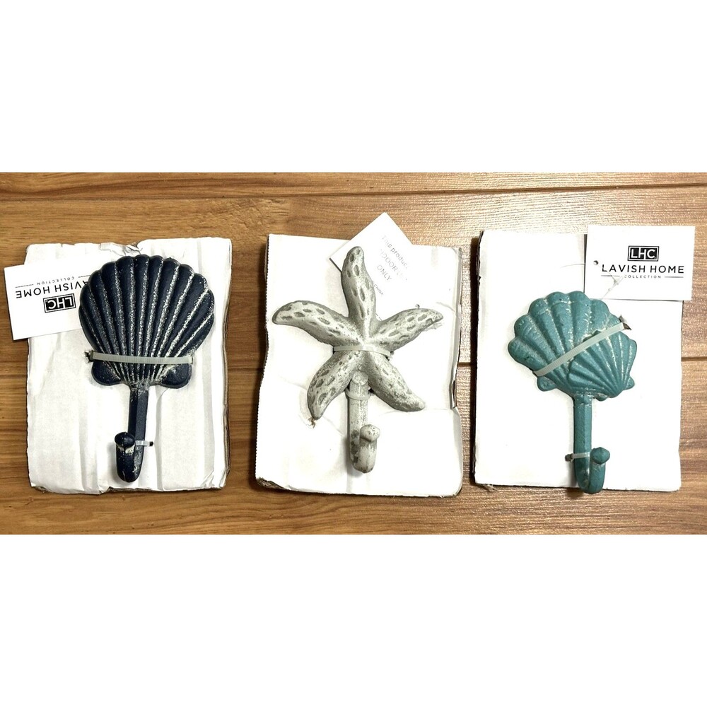 Wall Hook Blue Shell Star Fish Cast Iron Shabby Nautical Lavish Home lot of 3